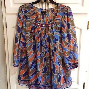 Nicole Miller Blue Muticolor beaded Top Size Large Blouse